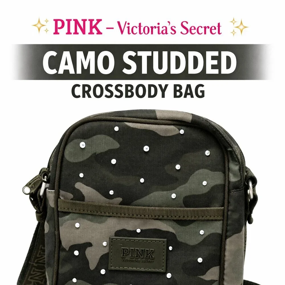 PINK Victoria’s Secret Camo Rhinestone Crossbody Bag Green Studded Mini Purse - Picture 2 of 10